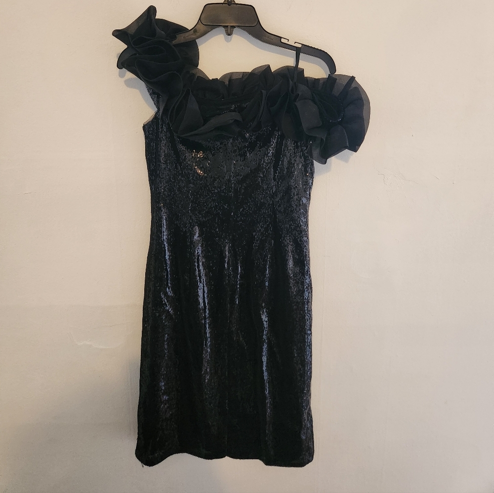 Aidan Mattox Black Sequin Off-Shoulder Mini Cocktail Dress Black NWOT 10 - Picture 4 of 8